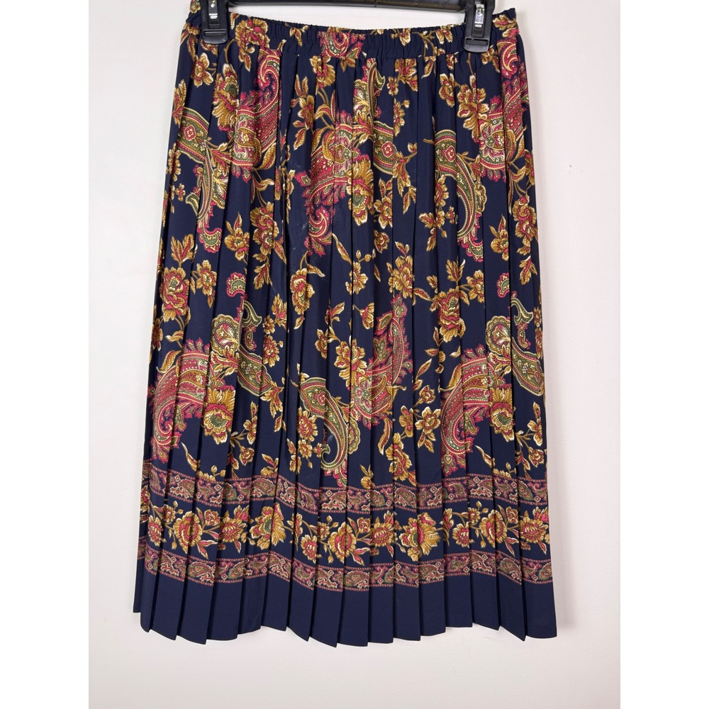 Breli Originals Vintage‎ Navy Paisley Floral Pleated Midi Skirt Made in USA Sz 8